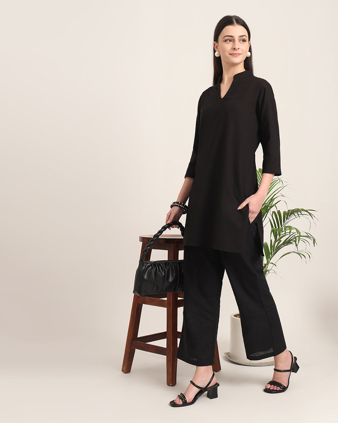 Black Collar Neck Mid Length Solid Kurta (Without Bottoms)