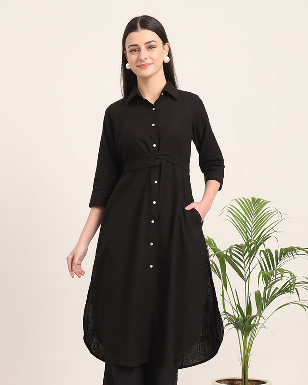 Black Bellisimo Belted Solid Kurta (Without Bottoms)