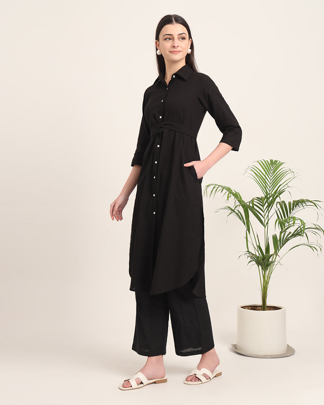 Black Bellisimo Belted Solid Kurta (Without Bottoms)