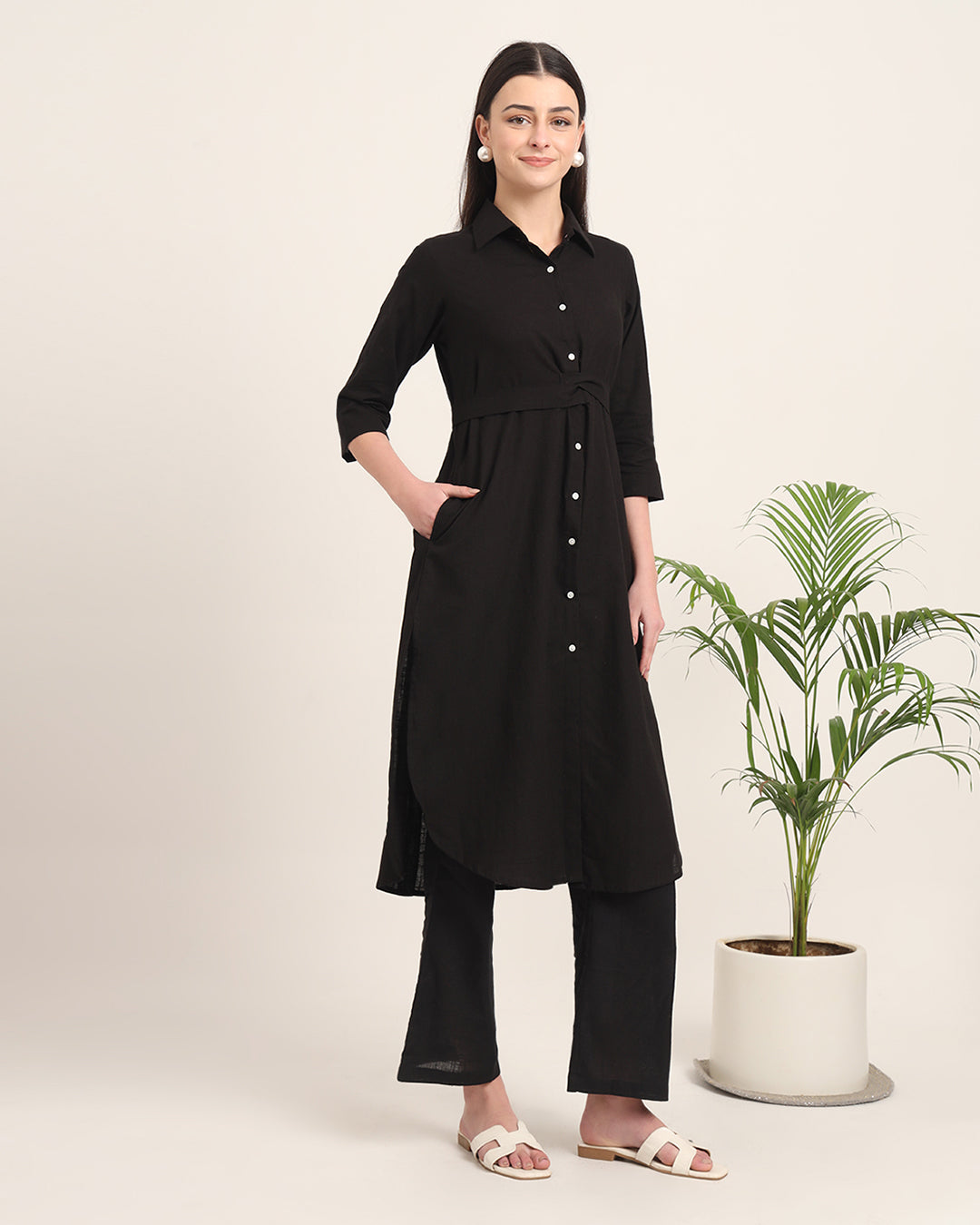 Black Bellisimo Belted Solid Kurta (Without Bottoms)