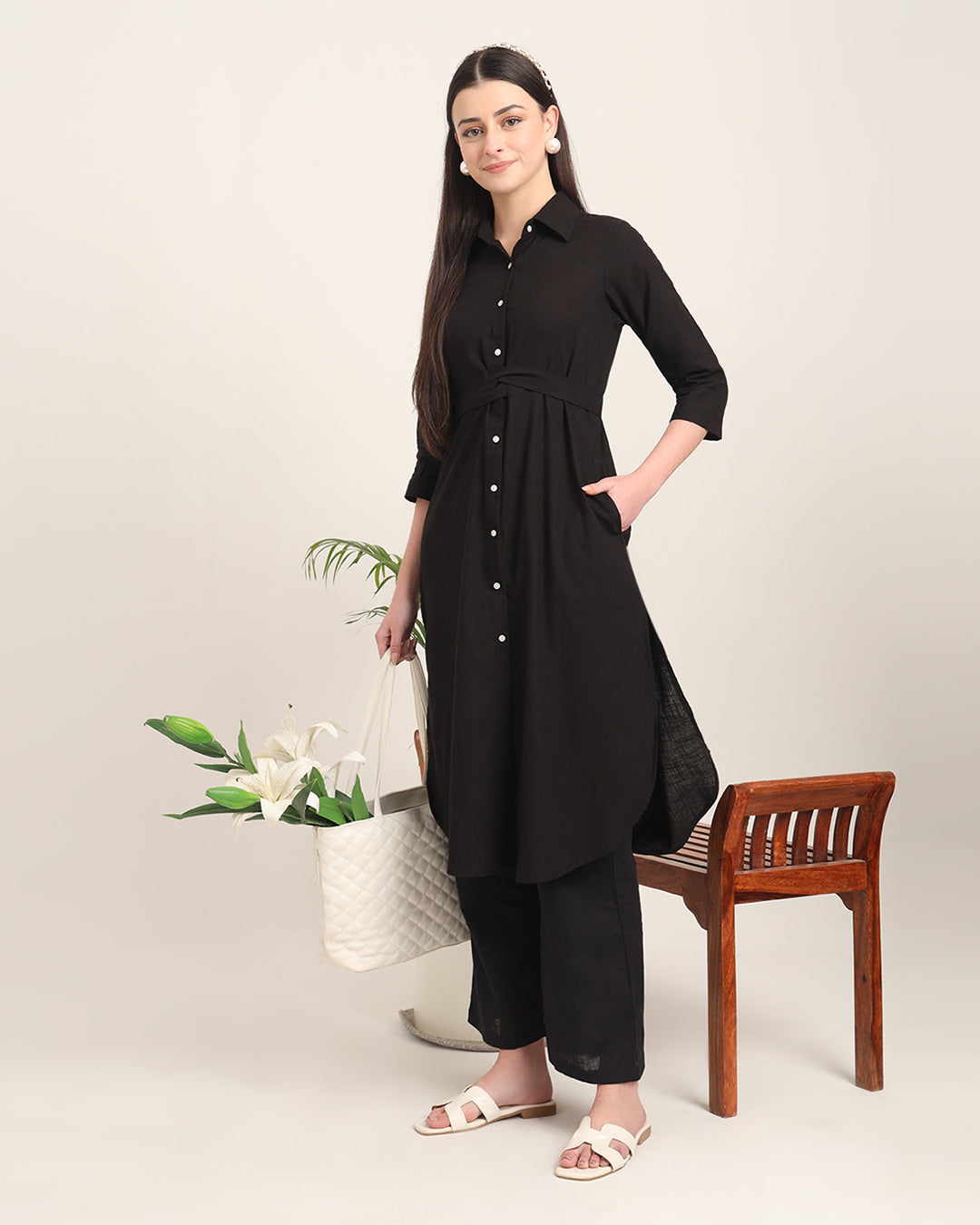 Black Bellisimo Belted Solid Kurta (Without Bottoms)