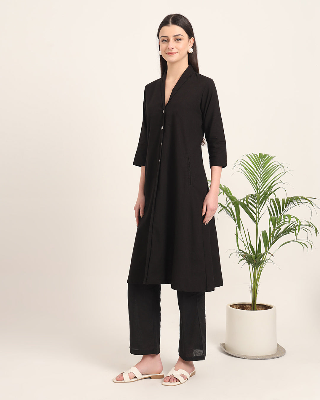 Black Boho Harmony Flared Solid Kurta (Without Bottoms)