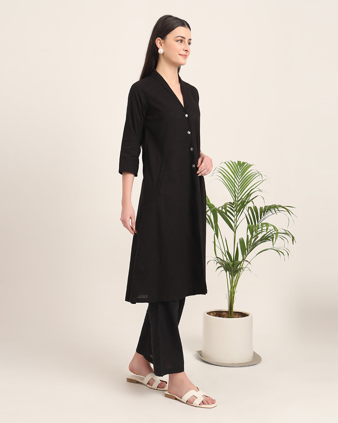 Black Boho Harmony Flared Solid Kurta (Without Bottoms)