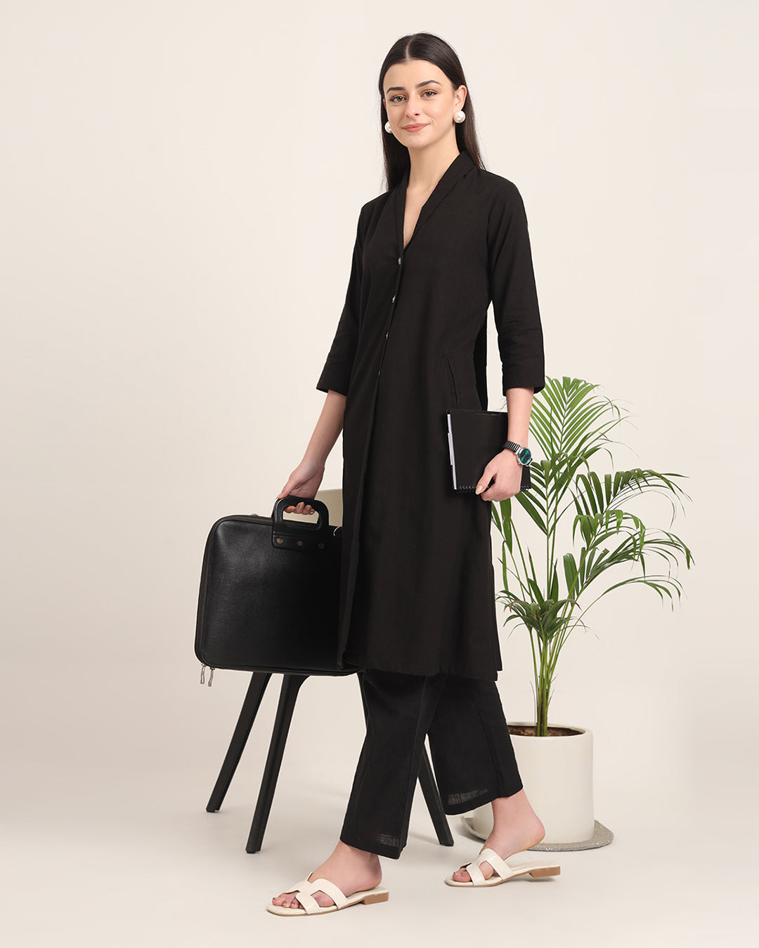 Black Boho Harmony Flared Solid Kurta (Without Bottoms)