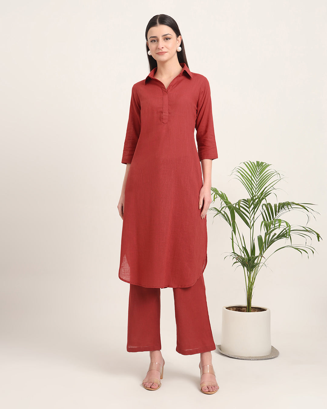 Russet Red Collar Comfort Solid Co-ord Set