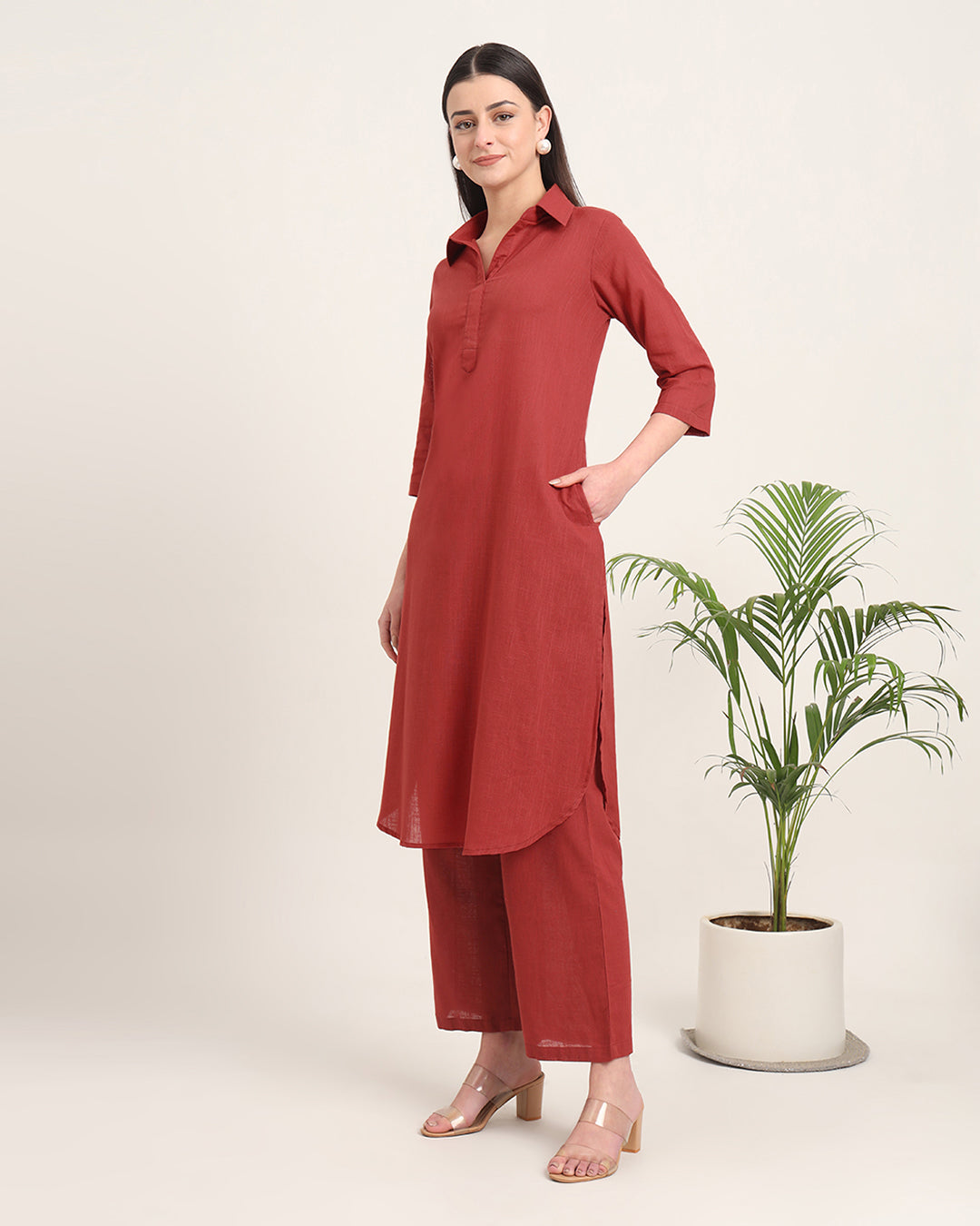 Russet Red Collar Comfort Solid Co-ord Set