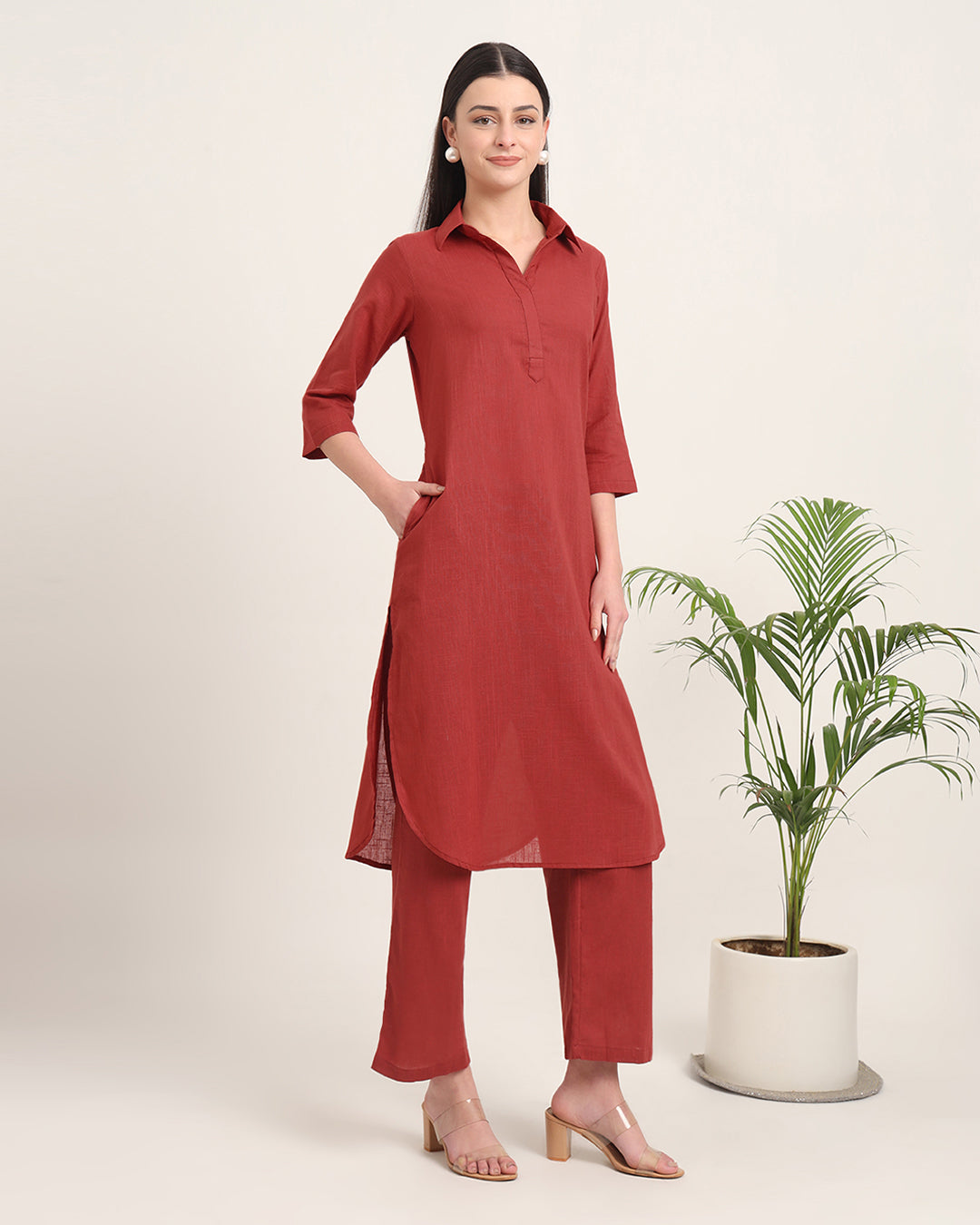 Russet Red Collar Comfort Solid Co-ord Set