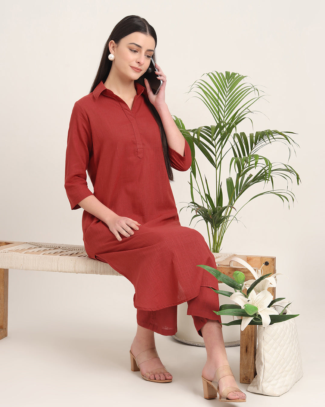 Russet Red Collar Comfort Solid Co-ord Set