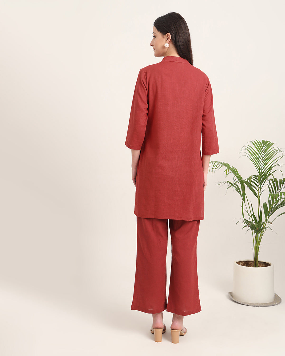 Russet Red Collar Neck Mid Length Solid Kurta (Without Bottoms)