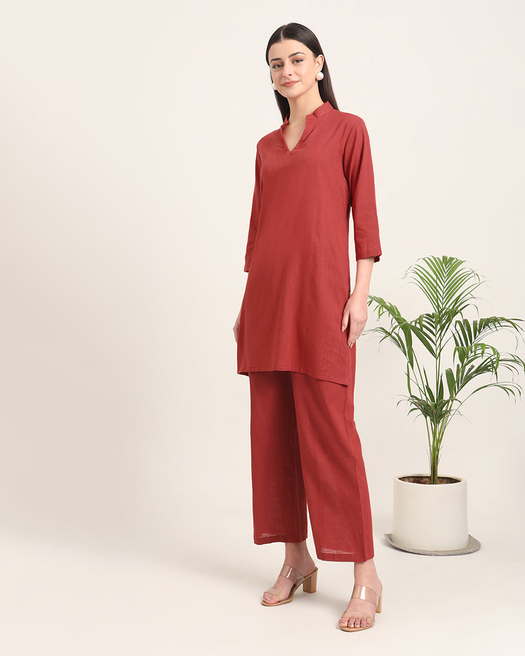 Russet Red Collar Neck Mid Length Solid Kurta (Without Bottoms)