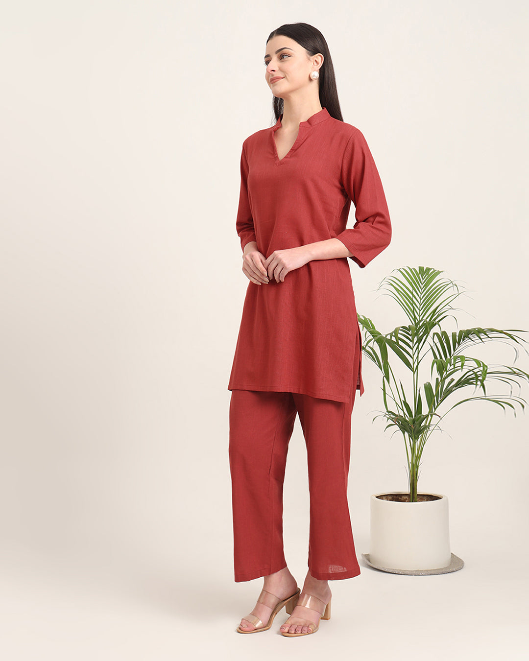 Russet Red Collar Neck Mid Length Solid Kurta (Without Bottoms)