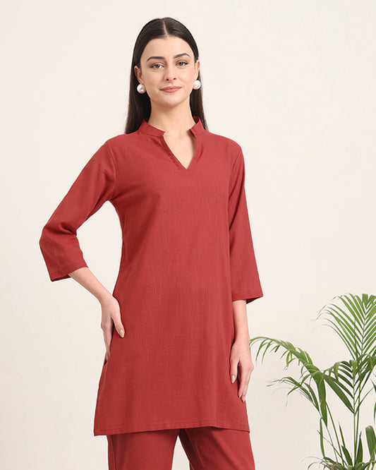 Russet Red Collar Neck Mid Length Solid Kurta (Without Bottoms)