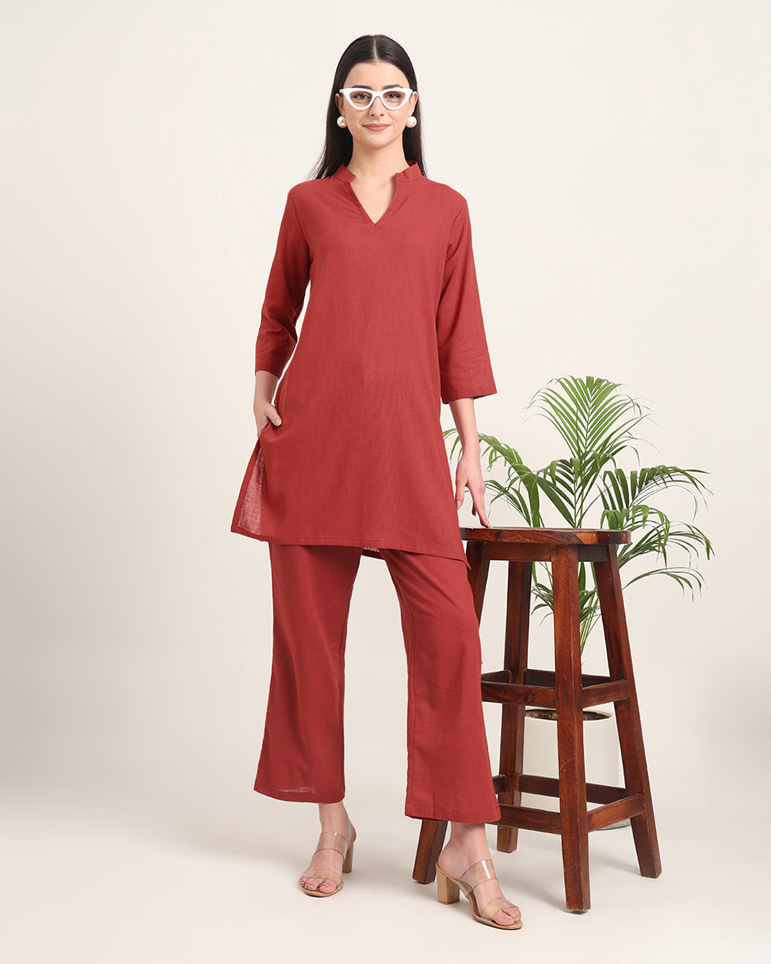 Russet Red Collar Neck Mid Length Solid Kurta (Without Bottoms)