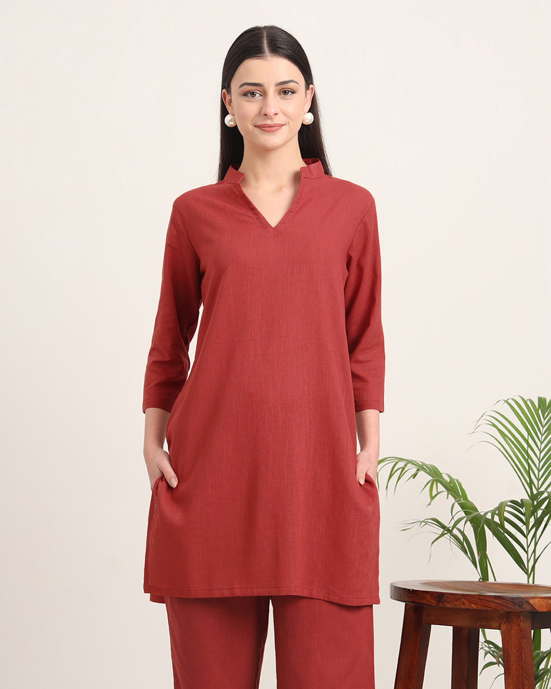 Russet Red Collar Neck Mid Length Solid Kurta (Without Bottoms)