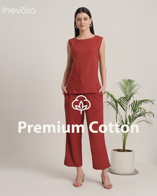 Russet Red Sleeveless Short Length Solid Co-ord Set