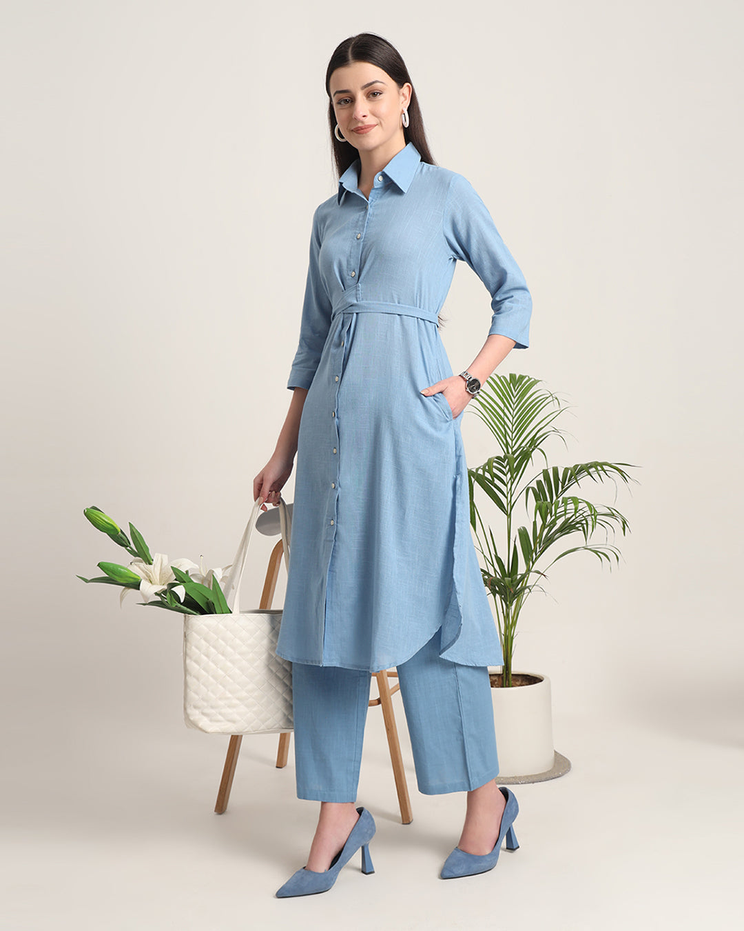 Blue Dawn Bellisimo Belted Solid Kurta (Without Bottoms)