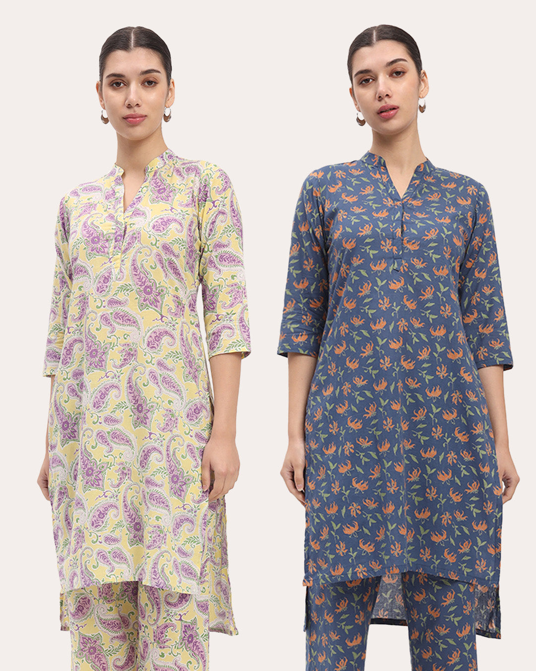 Combo: Lavender Paisley & Fire Lillies High-Low Printed Kurta (Without Bottoms)