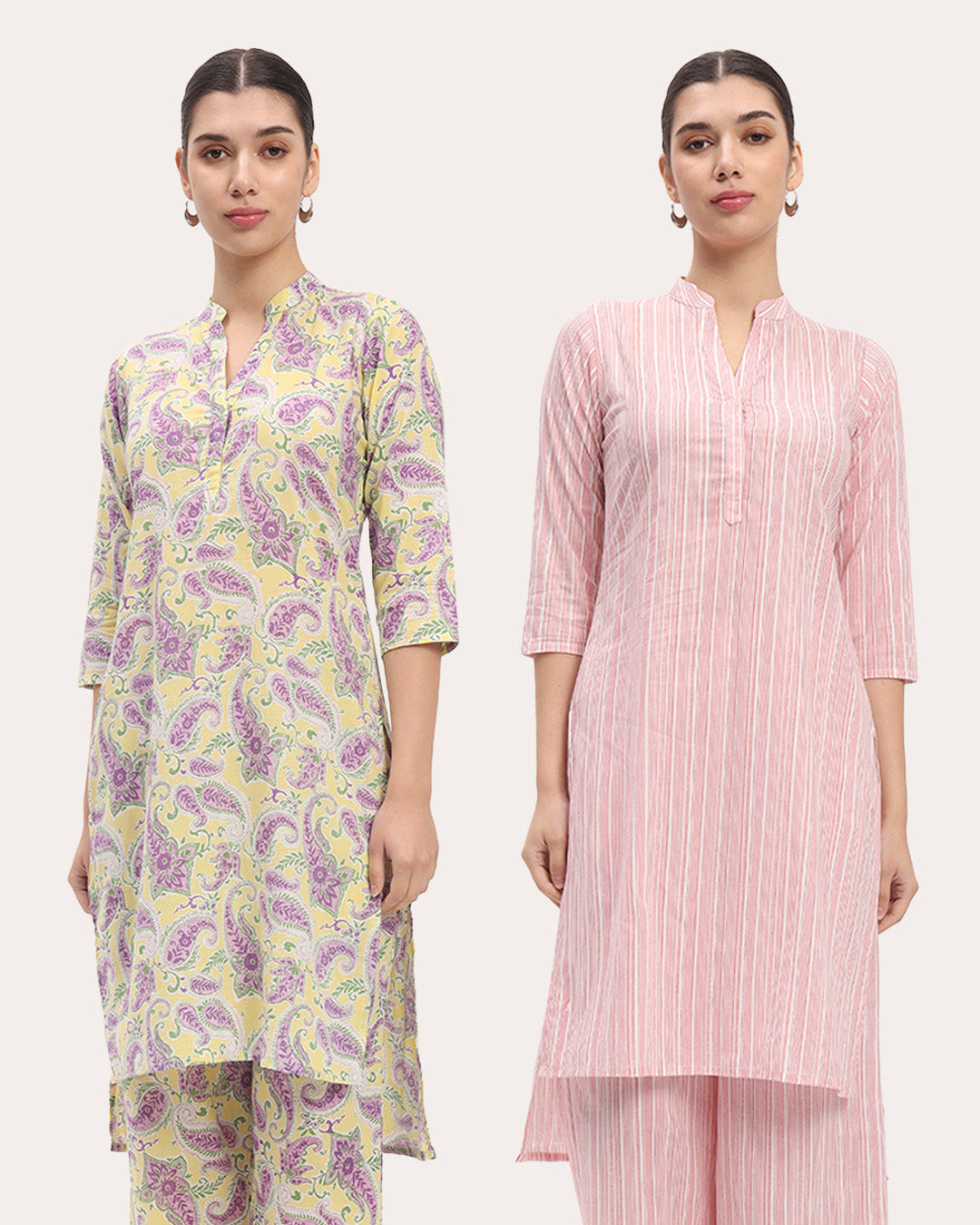 Combo: Lavender Paisley & Pink Chic Lines High-Low Printed Kurta (Without Bottoms)
