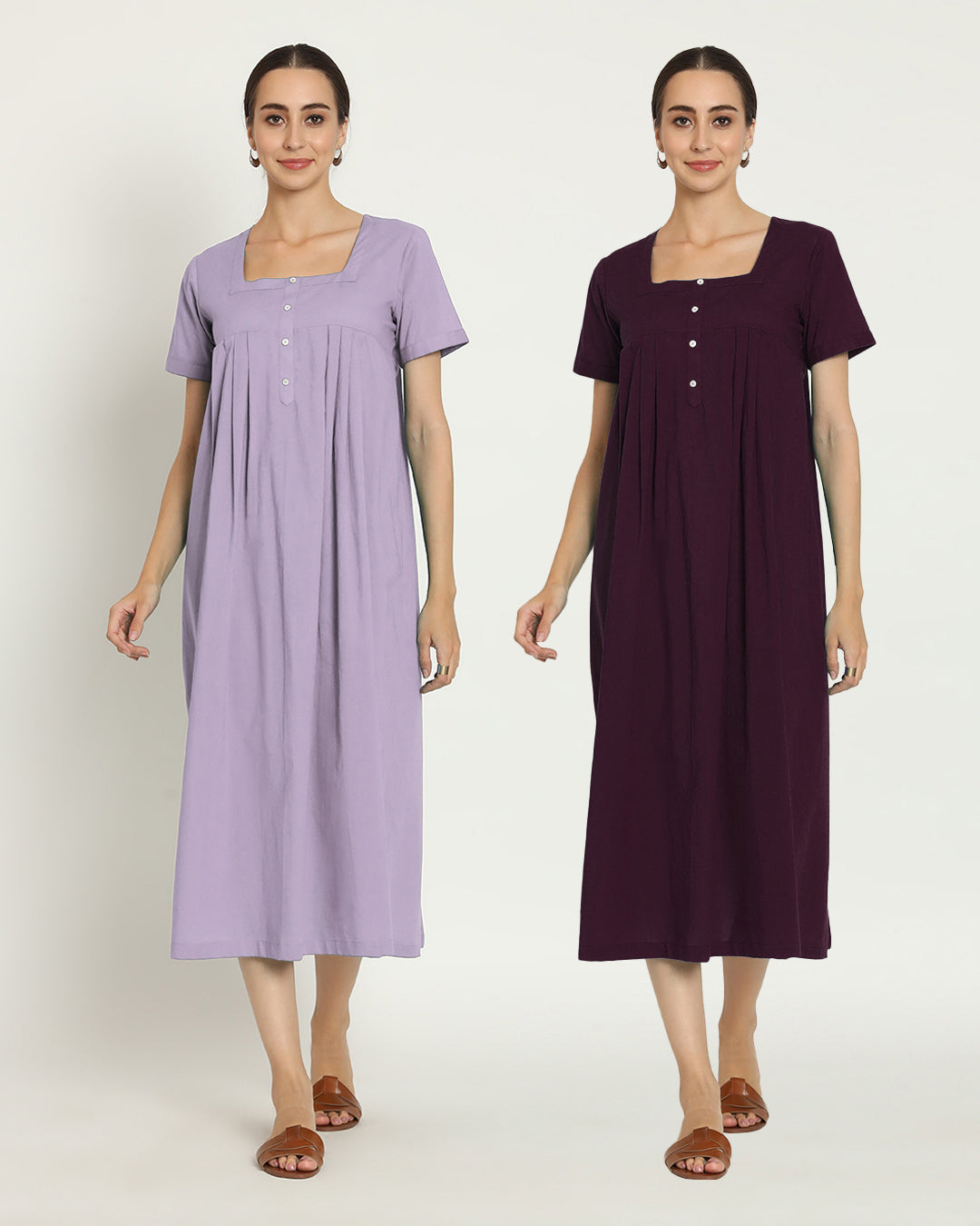 Combo: Lilac & Plum Passion Square Neck Serenity Nightdress- Set Of 2