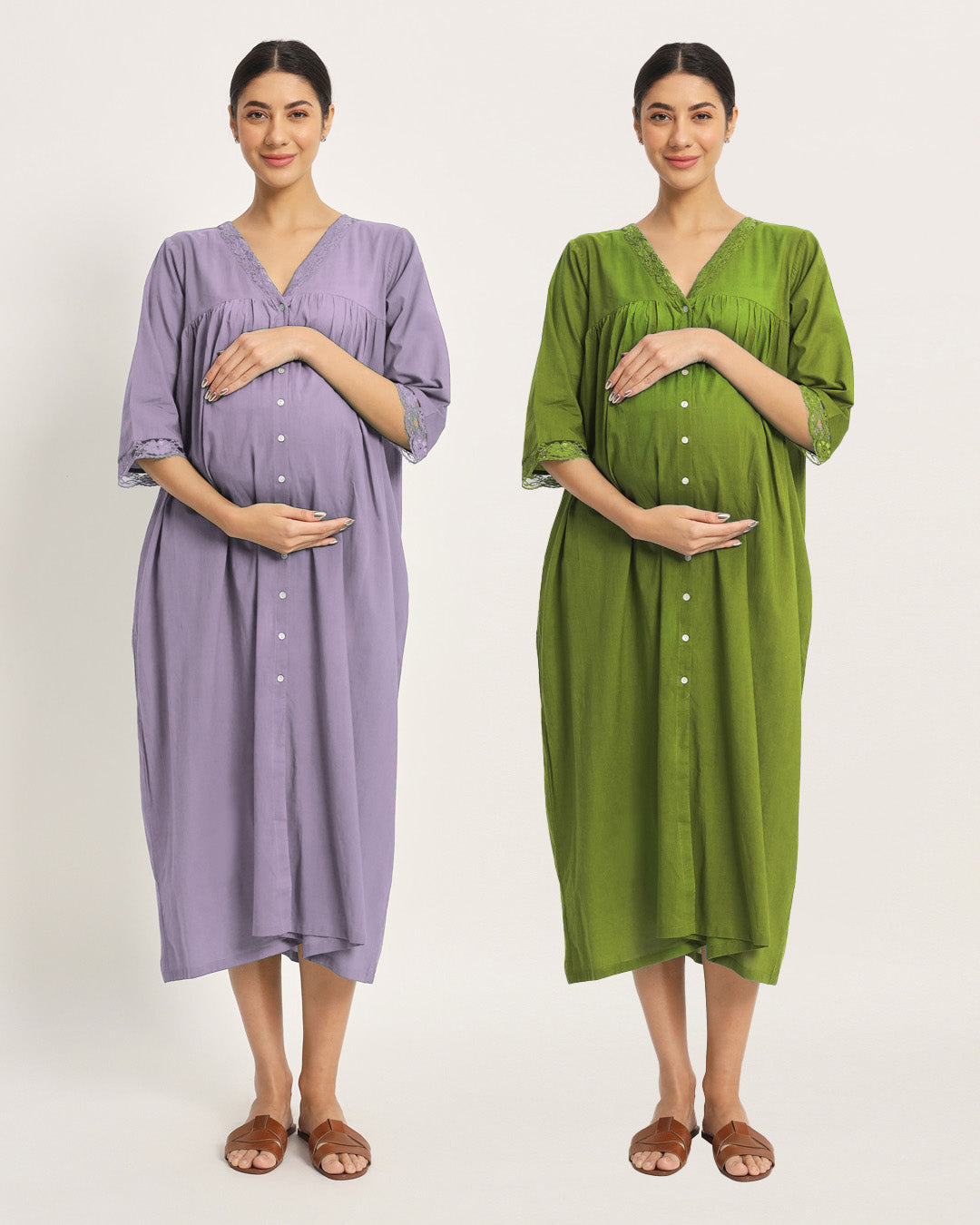 Combo: Lilac & Sage Green Stylish Preggo Maternity & Nursing Dress - Set of 2