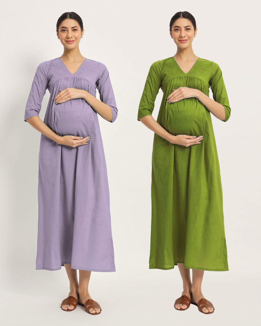 Combo: Lilac & Sage Green Bump Comfort Maternity & Nursing Dress - Set of 2
