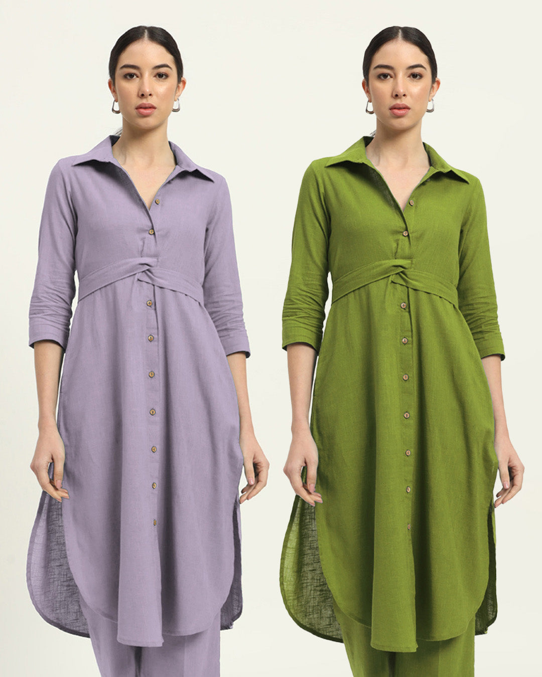 Combo: Lilac & Sage Green Bellisimo Belted Solid Kurta