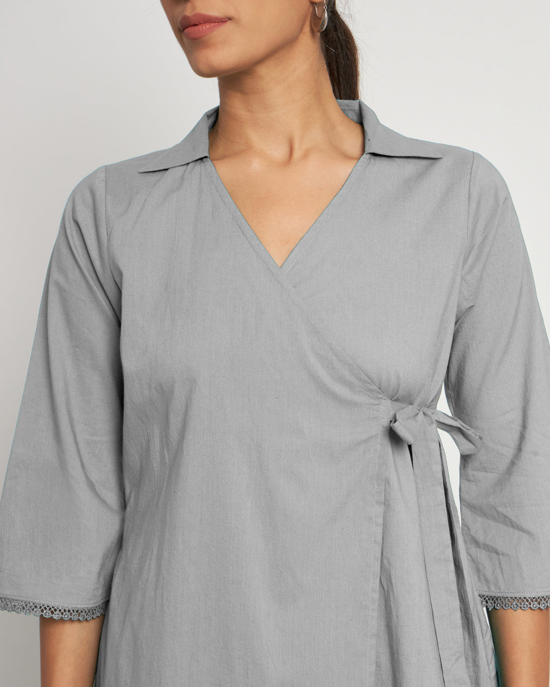 Iced Grey Collar Neck Angrakha Solid Top (Without Bottoms)