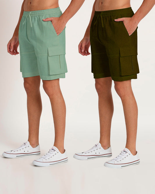 Combo : Slub Comfort Cargo Mint & Olive Men's Shorts