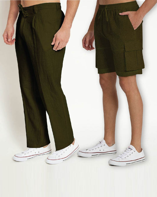 Combo : Casual Ease & Cargo Olive Green Men's Pants & Shorts  - Set of 2