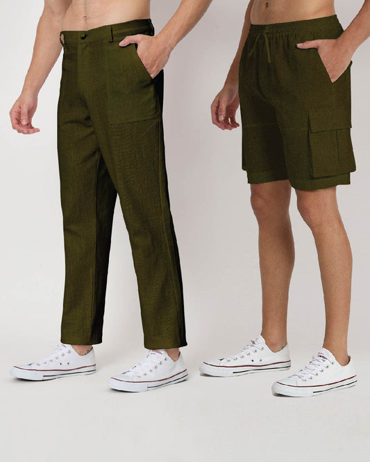 Combo : Comfy Ease & Cargo Olive Green Men's Pants & Shorts  - Set of 2