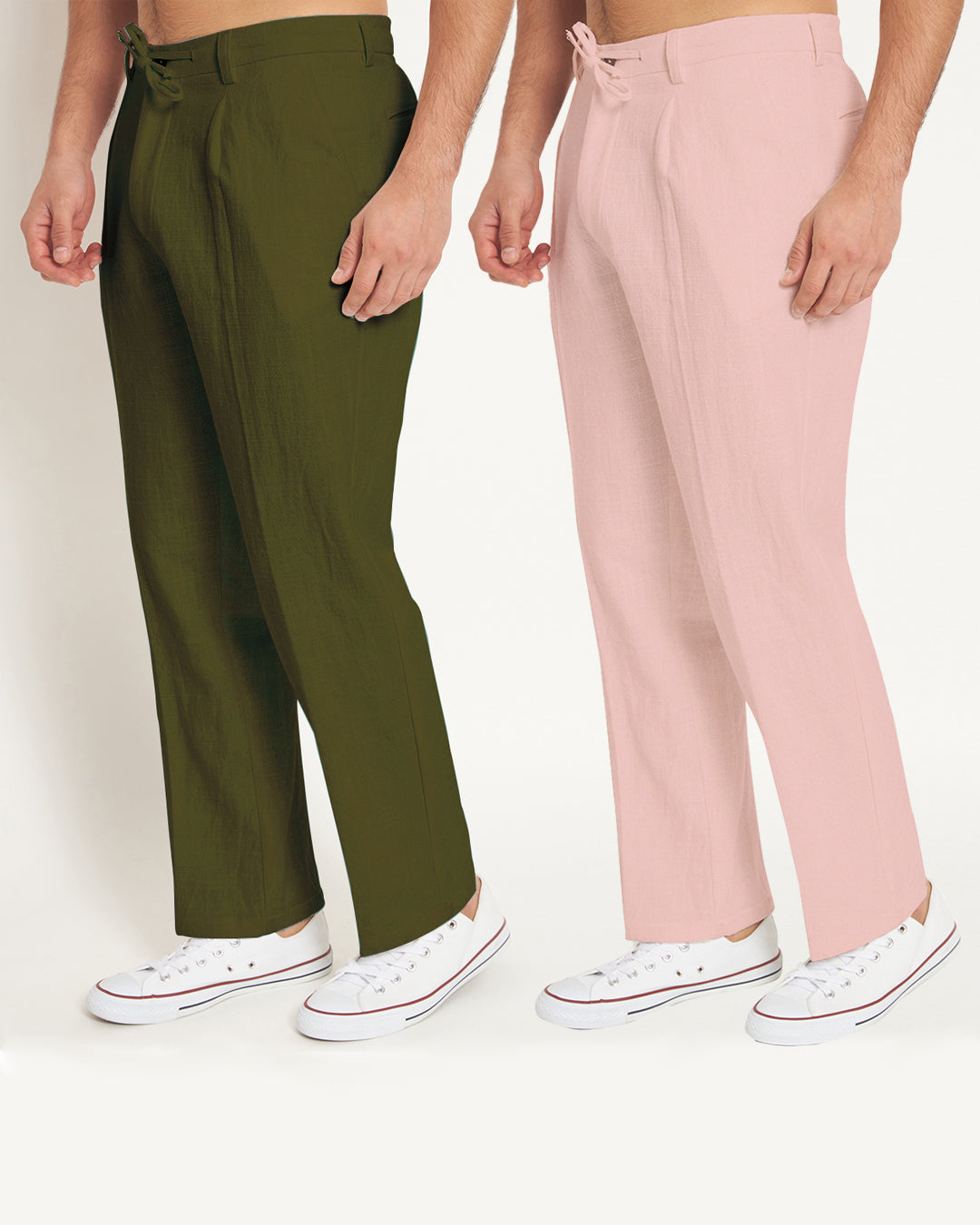 Combo: Casual Ease Fondant Pink & Olive Green Men's Pants - Set of 2