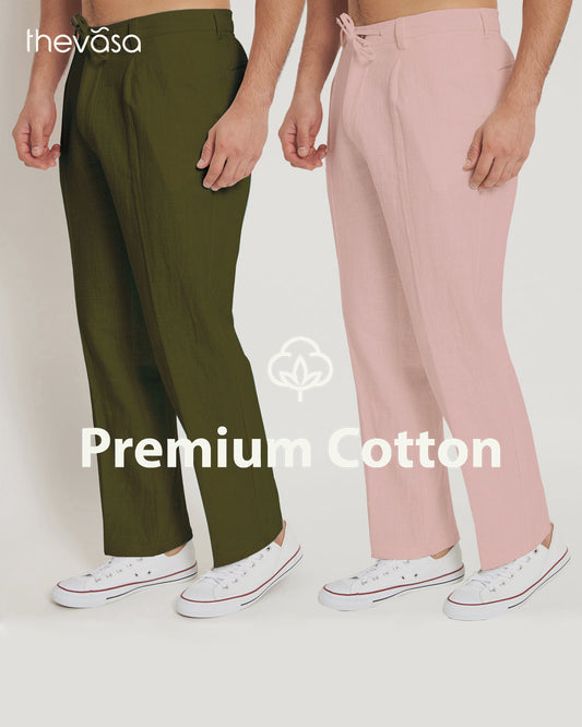 Combo: Casual Ease Fondant Pink & Olive Green Men's Pants - Set of 2