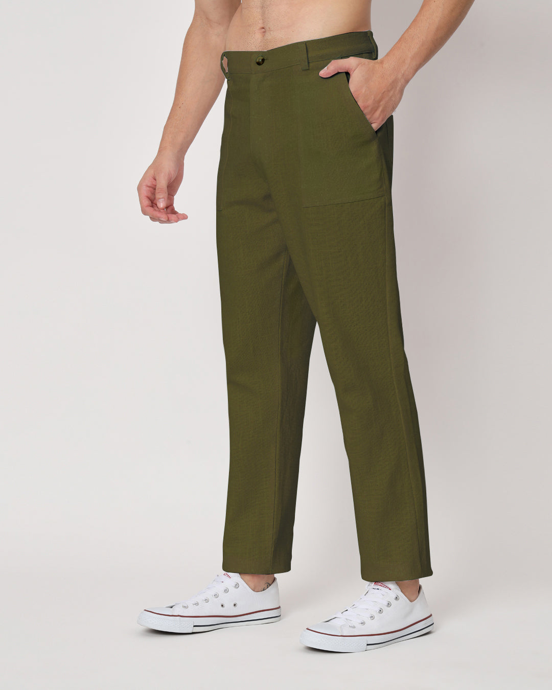Combo : Comfy Ease White & Olive Green Men's Pants - Set of 2