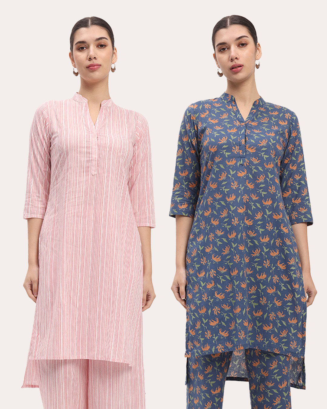 Combo: Pink Chic Lines & Fire Lillies High-Low Printed Kurta (Without Bottoms)