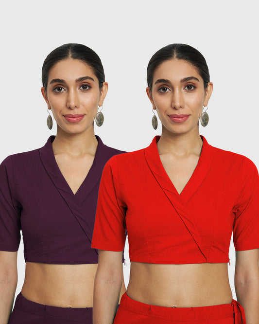 Combo: Plum Passion & Classic Red Wrap Fusion Blouse- Set of 2