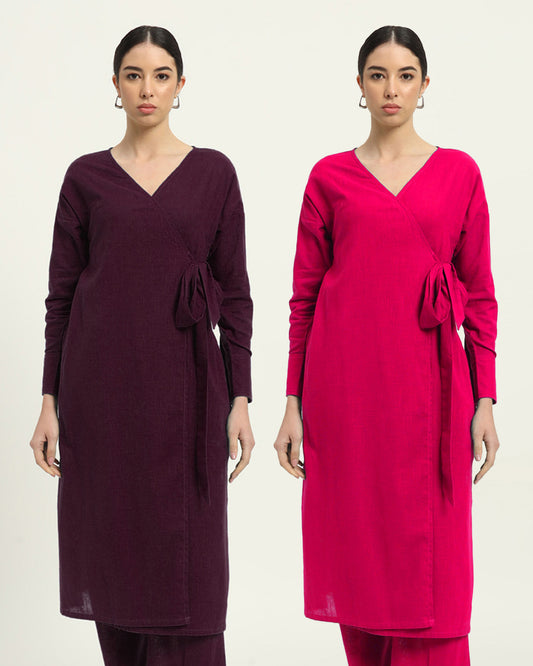 Combo: Plum Passion & Queen's Gulabi Ribbon Wrap Solid Kurta