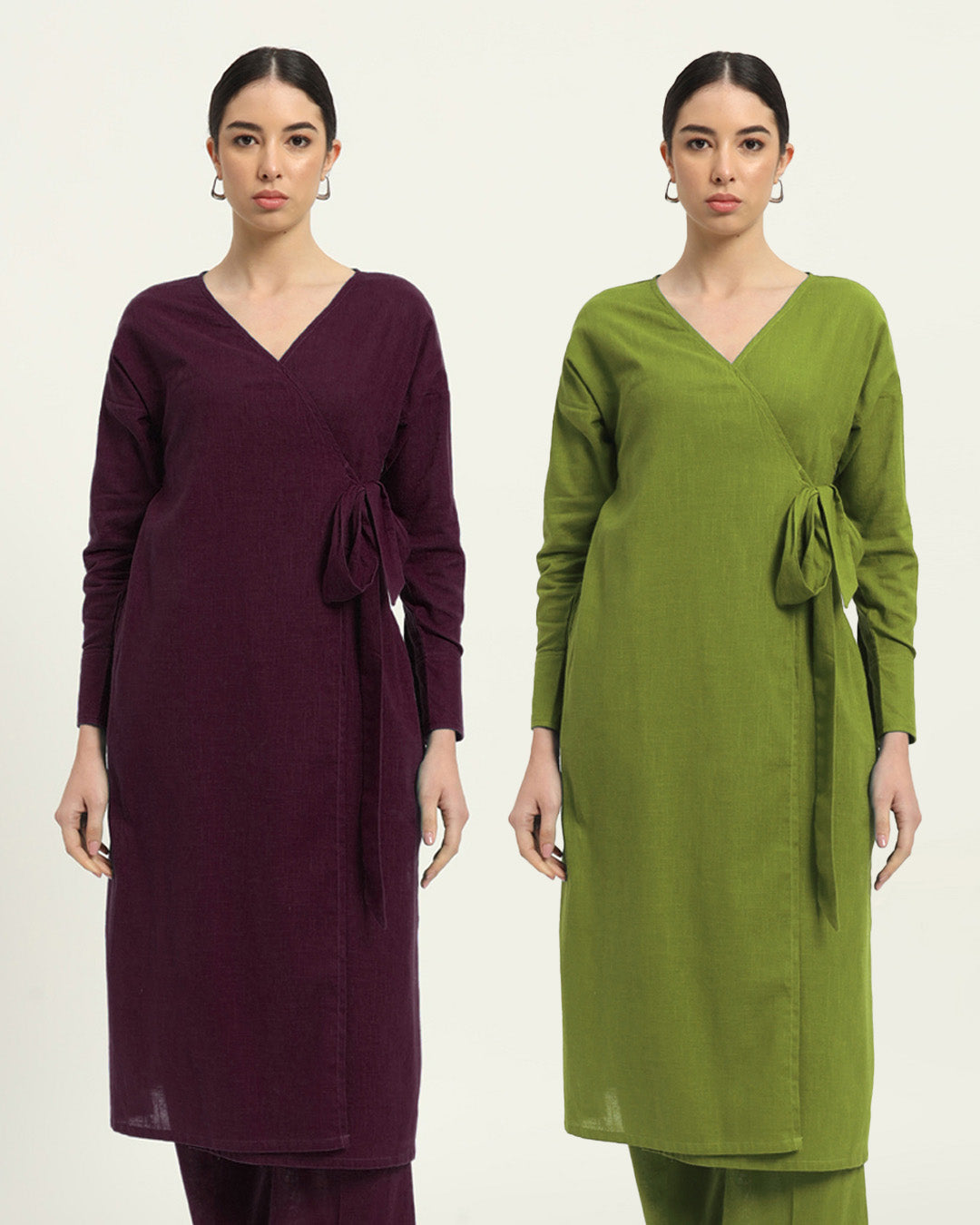 Combo: Plum Passion & Sage Green Boho Harmony Flared Solid Kurta