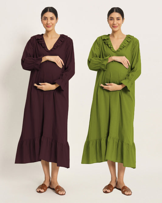 Combo: Plum Passion & Sage Green Flow Mama Maternity & Nursing Dress - Set of 2