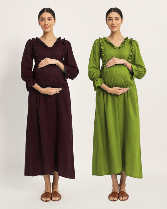 Combo: Plum Passion & Sage Green Functional Flow Maternity & Nursing Dress - Set of 2