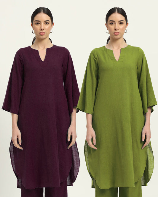 Combo: Plum Passion & Sage Green Rounded Reverie Solid Kurta