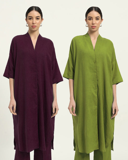 Combo: Plum Passion & Sage Green Serene Sojourn V Neck Solid Kurta