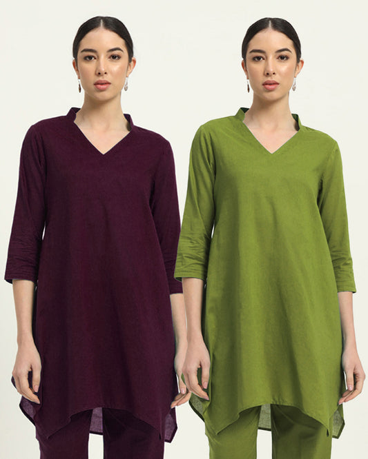 Combo: Plum Passion & Sage Green Fresh Fusion Collar V Solid Kurta