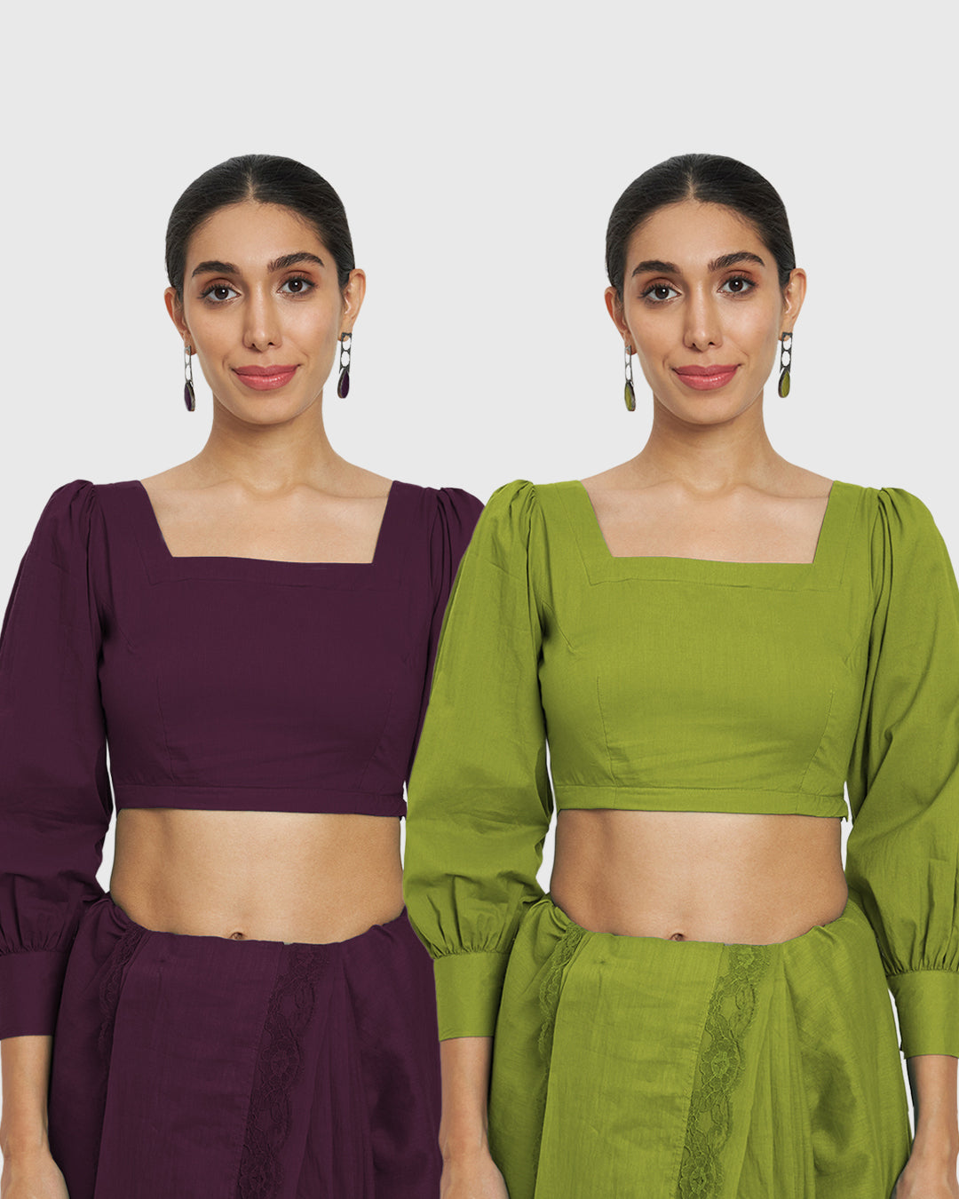 Combo: Plum Passion & Sage Green Squared Sleekness Blouse- Set of 2