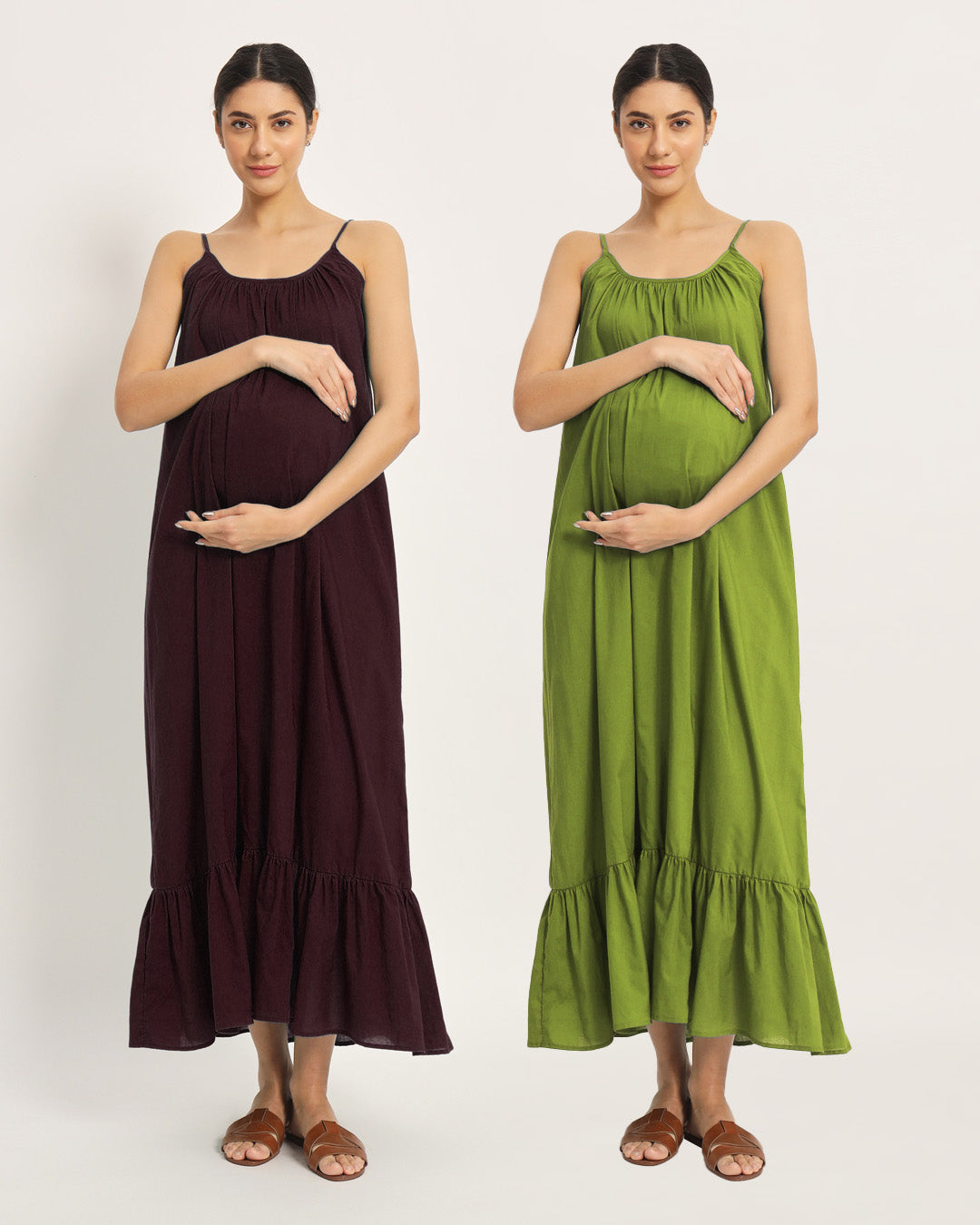 Combo: Plum Passion & Sage Green Belly Laugh Maternity & Nursing Dress - Set of 2