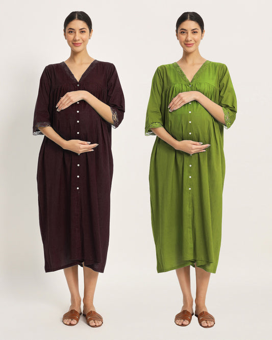 Combo: Plum Passion & Sage Green Stylish Preggo Maternity & Nursing Dress - Set of 2