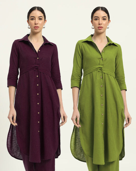 Combo: Plum Passion & Sage Green Bellisimo Belted Solid Kurta