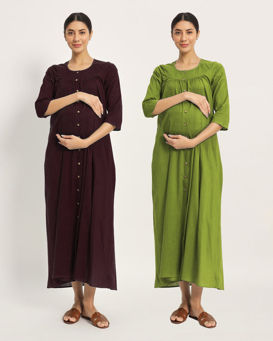 Combo: Plum Passion & Sage Green Mommy Glow Maternity & Nursing Dress