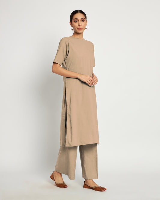 Day In Beige Round Neck Long Solid Co-ord Set