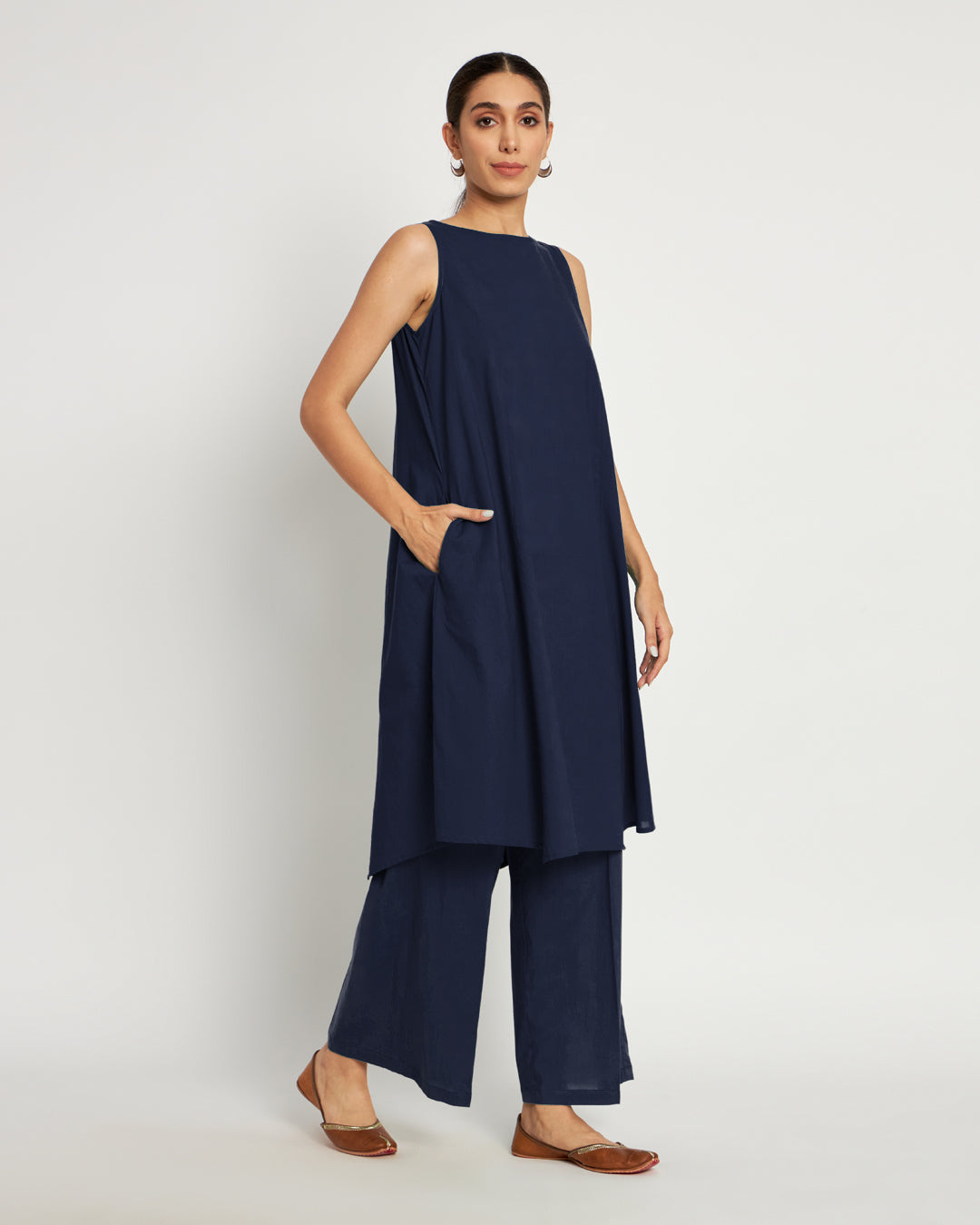 Midnight Blue Sleeveless A-Line Solid Co-ord Set