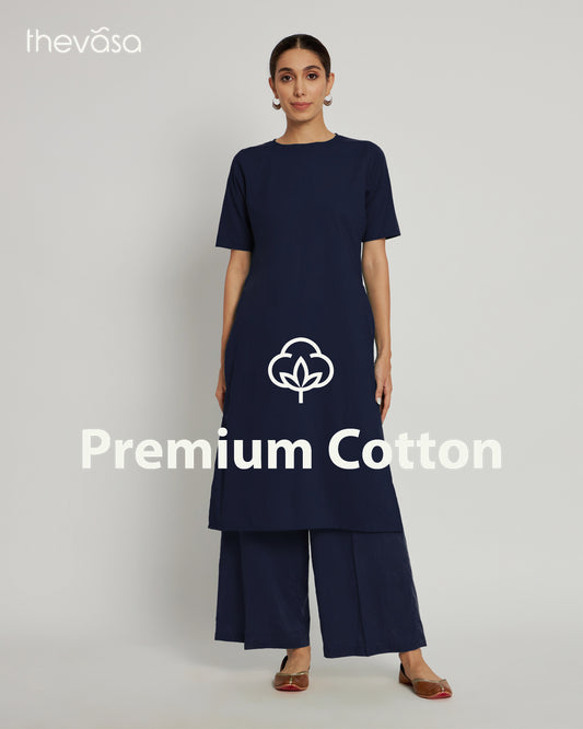 Midnight Blue Round Neck Long Solid Co-ord Set